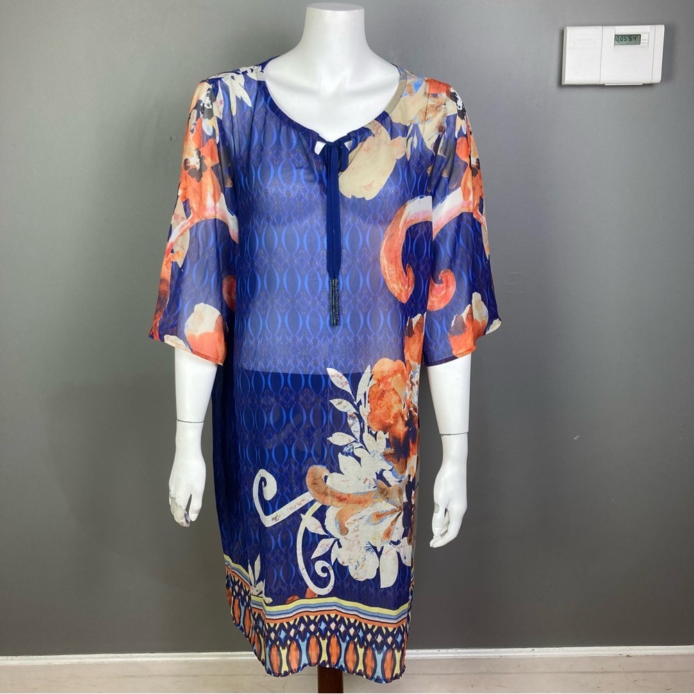Soft Surroundings Swimwear Cover Up Dress Large Blue Floral Elbow Sleeve boho